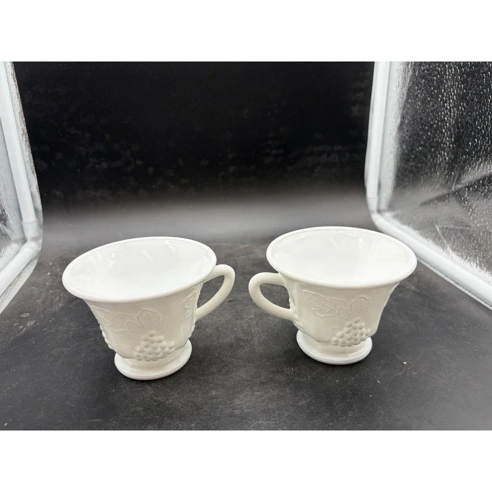 Westmoreland Milk Glass Paneled Grape Snack Set 2 Cups 2 Plates Vintage White
